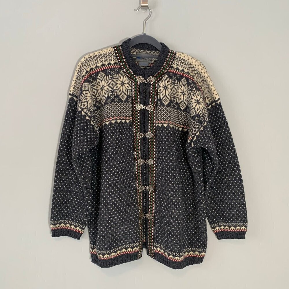 Vintage Squaw Valley Cardigan Sweater Women PM Navy Blue Nordic Wool Metal Clasp